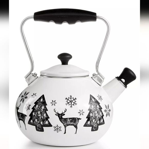 MARTHA STEWART HOLIDAY TEAKETTLE, WHITE WITH BLACK REINDEER, TREES, SNOWFLAKES - Picture 1 of 16